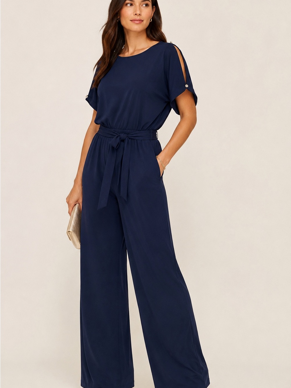 Lauren Ralph Lauren Navy Wide Leg Jumpsuit PM Belted Stretch Career Evening